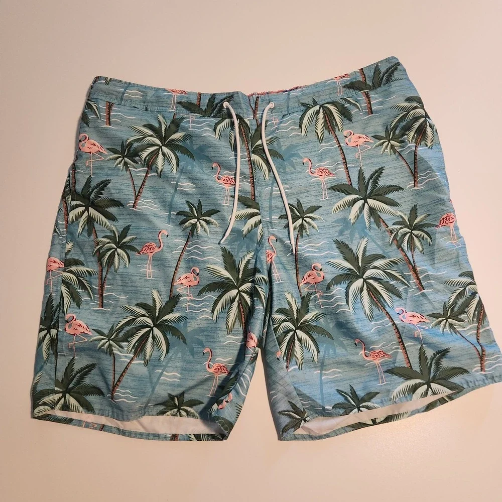 St‎ Johns Bay Swim Trunks Blue Hawaiian Flamingos Drawstring Mesh Lined 3XLT